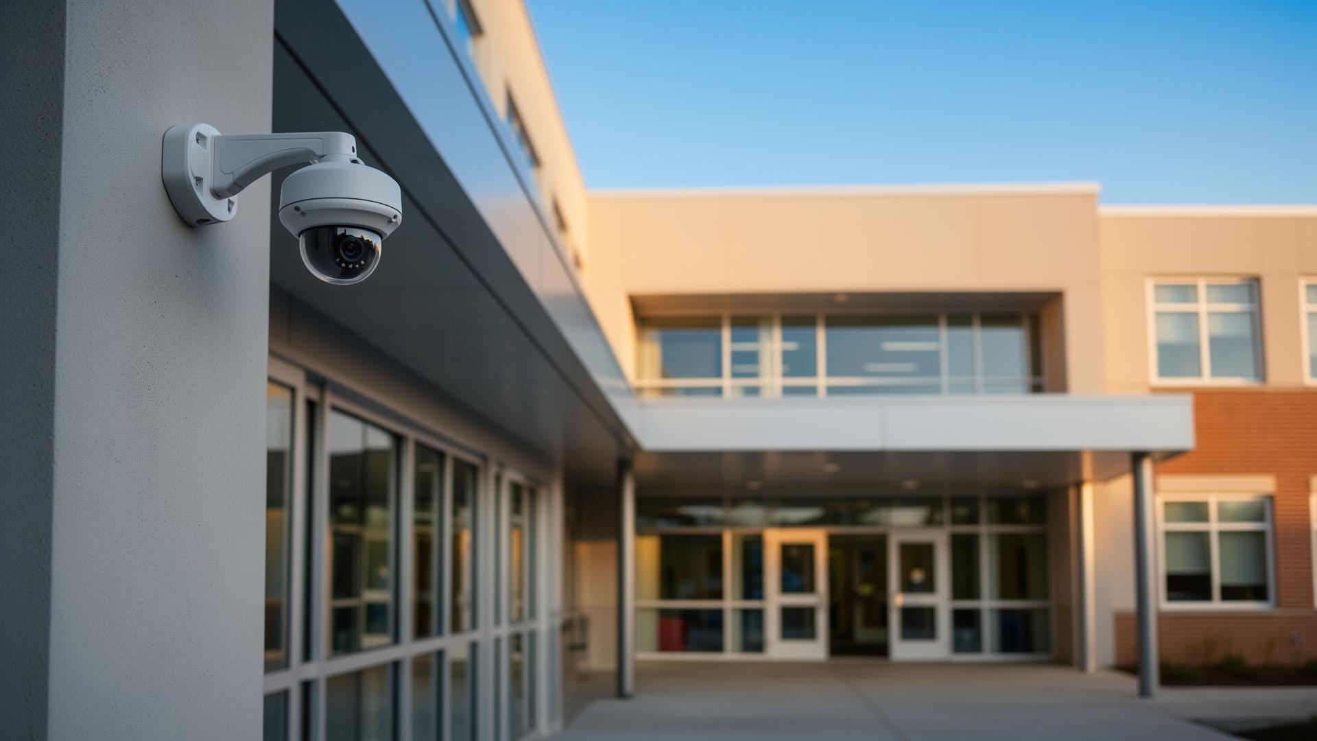 Modern school entrance with security camera